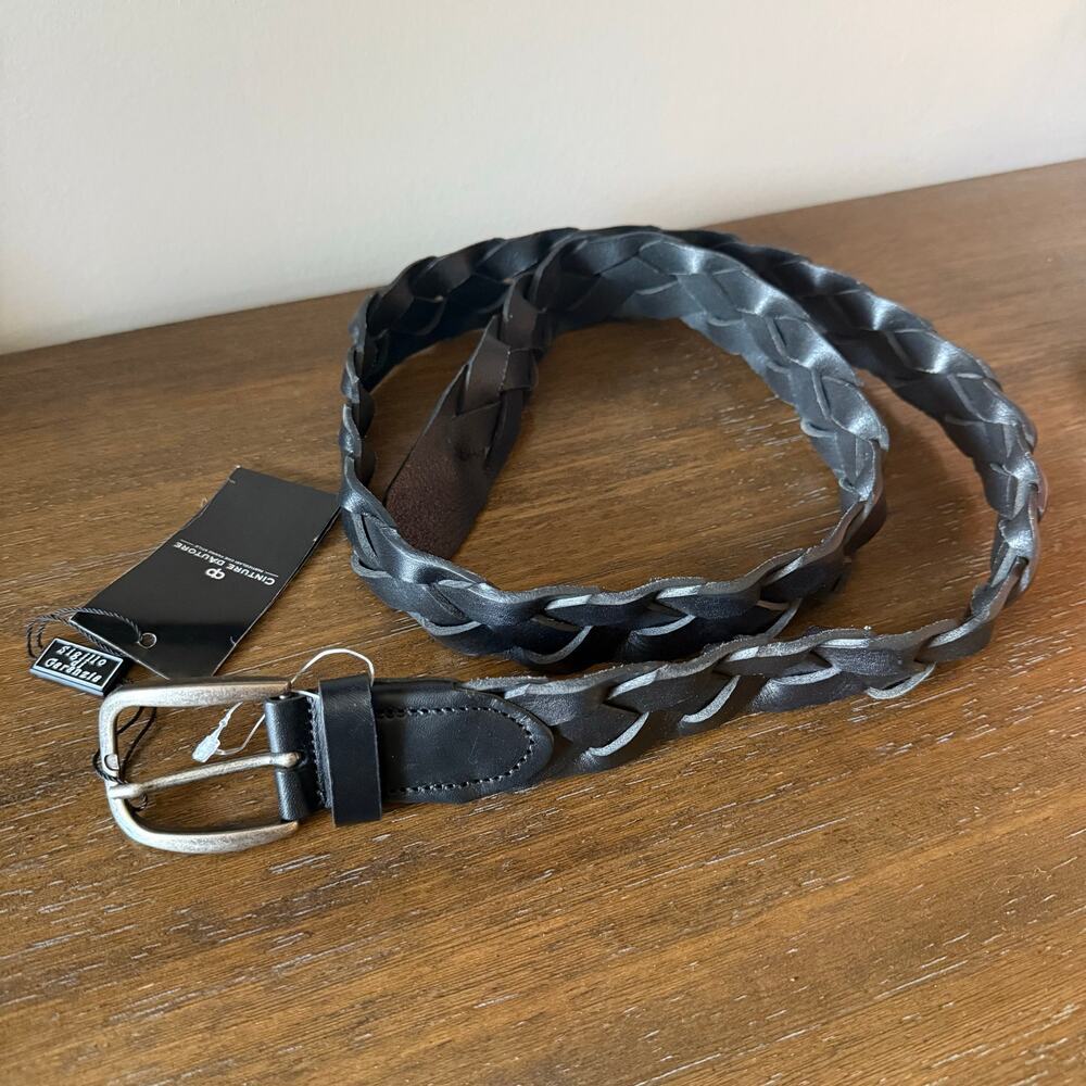 Cinture D’Autore Men’s Black Genuine Leather Woven Belt- Size 42‎